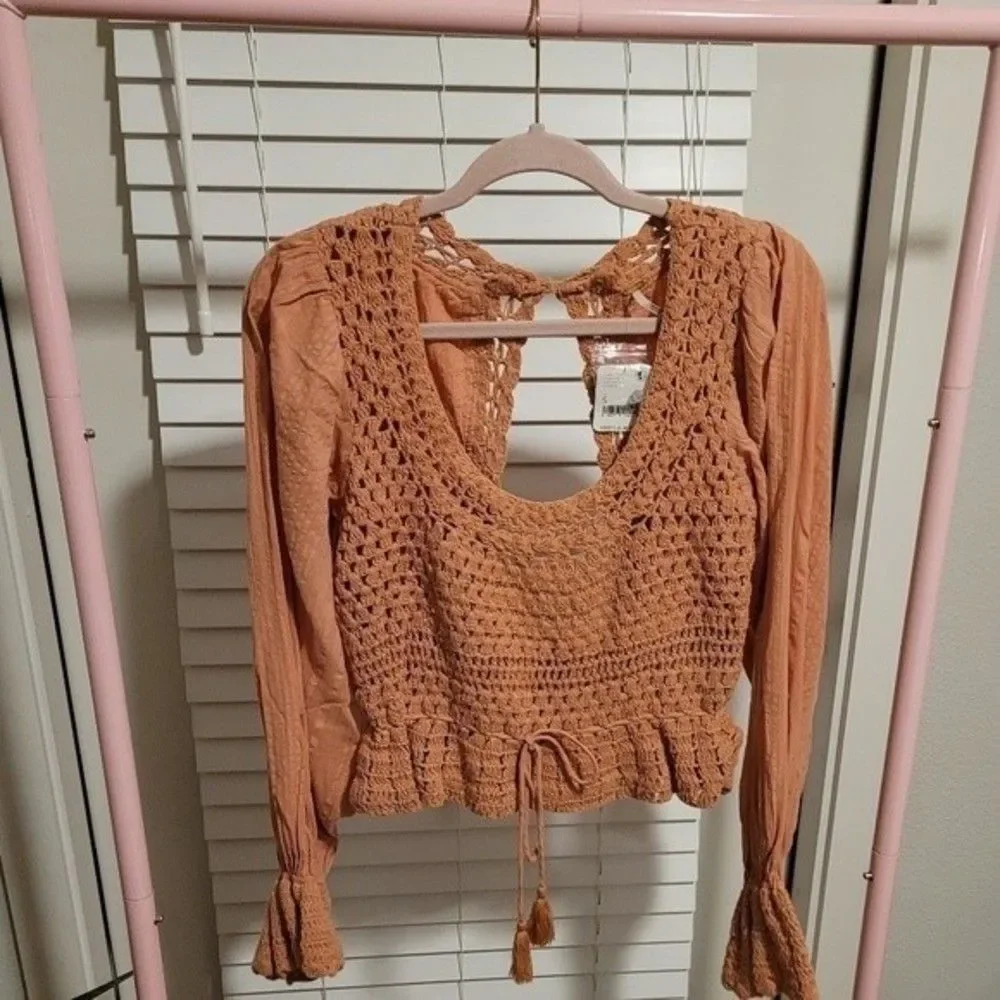 Free People Megan Balloon Sleeve Crochet Top Size Small Bohemian Cottagecore